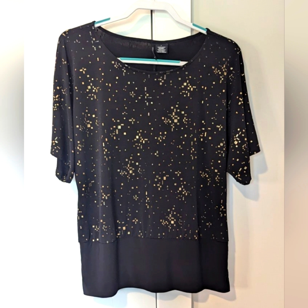 New Directions Womens Blouse Large Black Gold Metallic Dolman Sleeve Office EUC